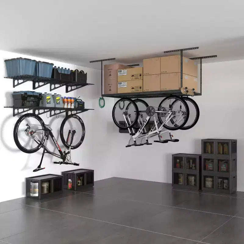 FLEXIMOUNTS OHK36B-E Scaffale da Soffitto 91x183cm per Garage con 8 Ganci Accessori Nero