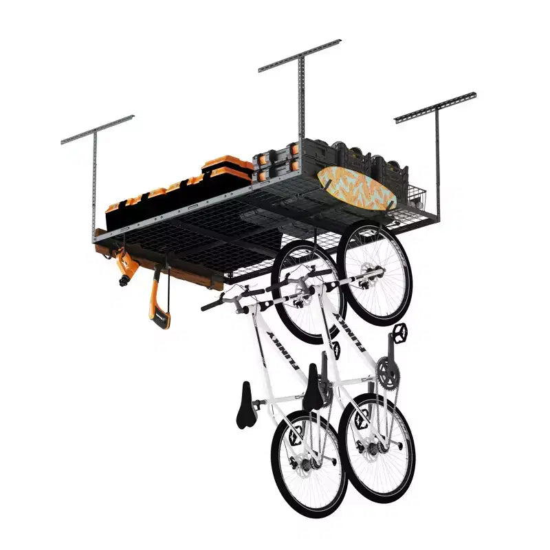 FLEXIMOUNTS OHK46B-E Scaffale da Soffitto 4'x6' per Garage con 8 Ganci Accessori Nero: Scaffale per Contenitori in Acciaio, Capacità 204 kg