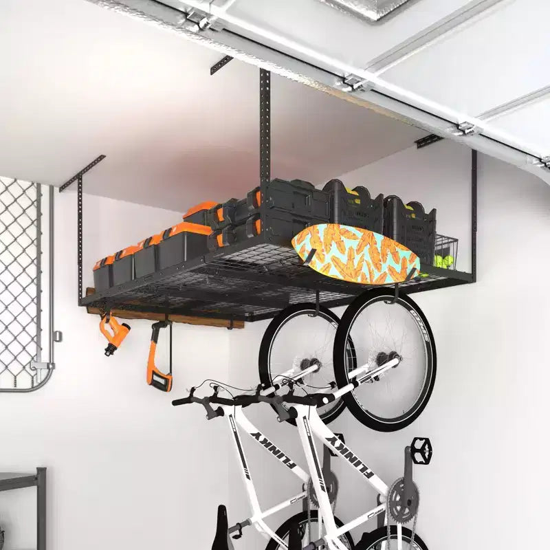 FLEXIMOUNTS OHK46B-E Scaffale da Soffitto 4'x6' per Garage con 8 Ganci Accessori Nero: Scaffale per Contenitori in Acciaio, Capacità 204 kg
