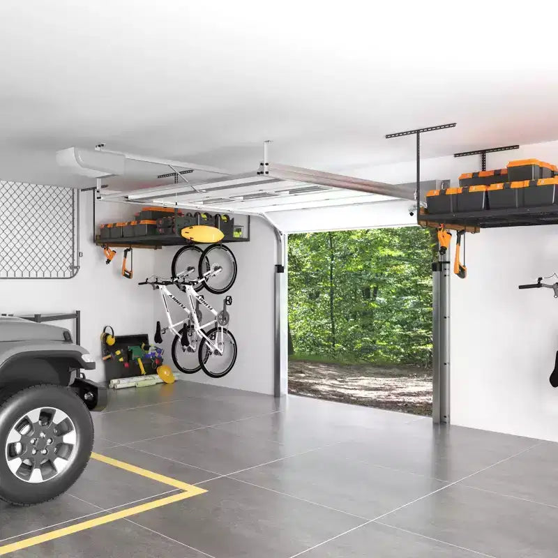 FLEXIMOUNTS OHK46B-E Scaffale da Soffitto 4'x6' per Garage con 8 Ganci Accessori Nero: Scaffale per Contenitori in Acciaio, Capacità 204 kg