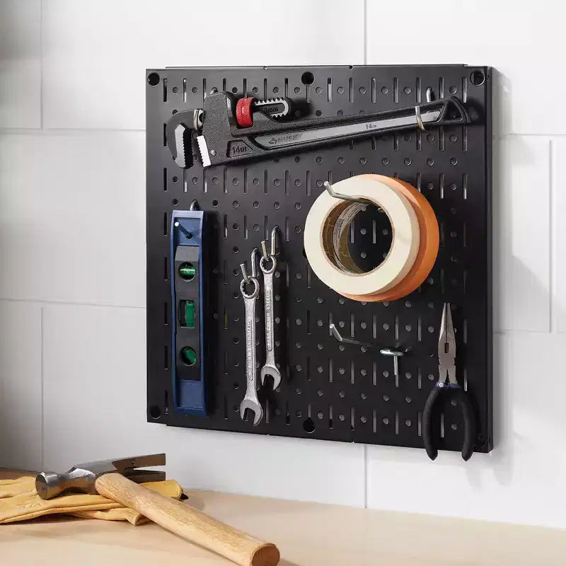 Pannello Forato Quadrato in Metallo da 16" - Brightroom™: Organizzatore da Parete e Garage, Acciaio al Carbonio, Nero, Capacità 45 kg