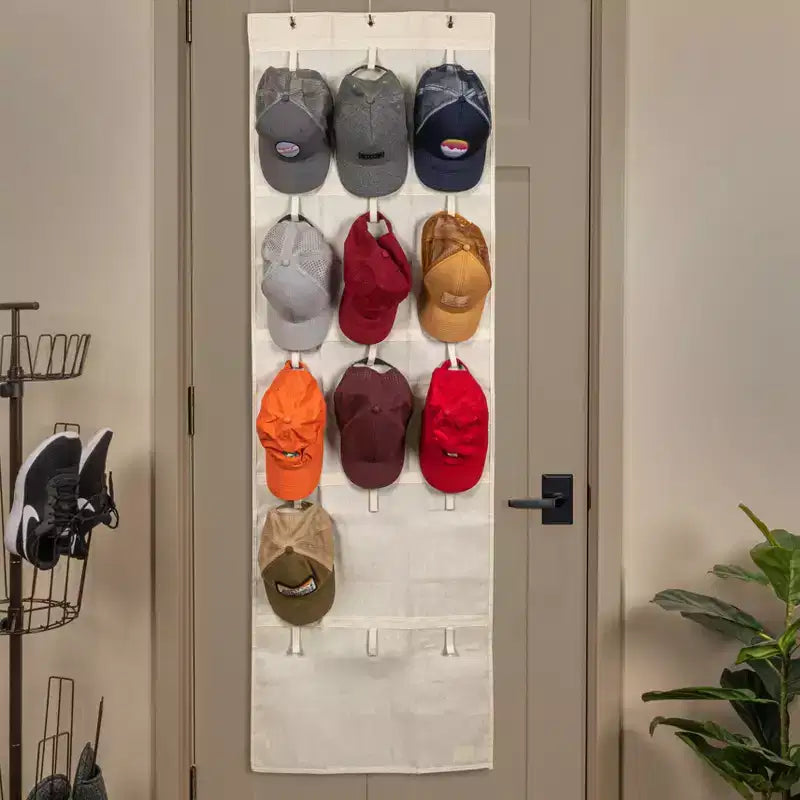 Organizer per cappelli e berretti Household Essentials Over the Door in misto cotone con 15 appendini a strappo, colore naturale