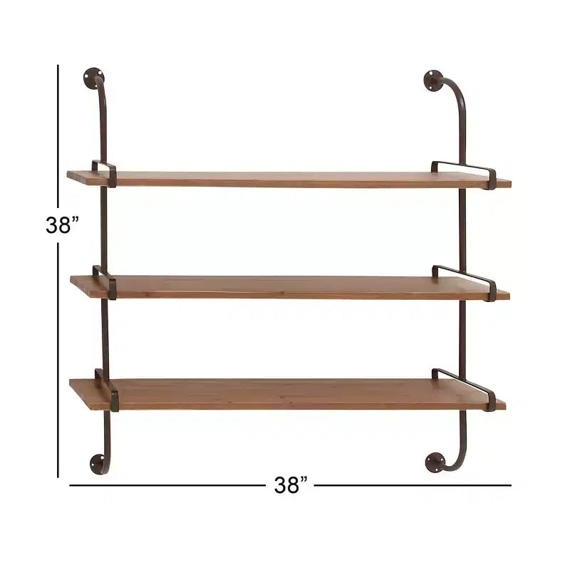 Mensola a muro 38"x38" a 3 livelli in legno con staffe metalliche marroni - Olivia & May: stile industriale, nessun assemblaggio richiesto