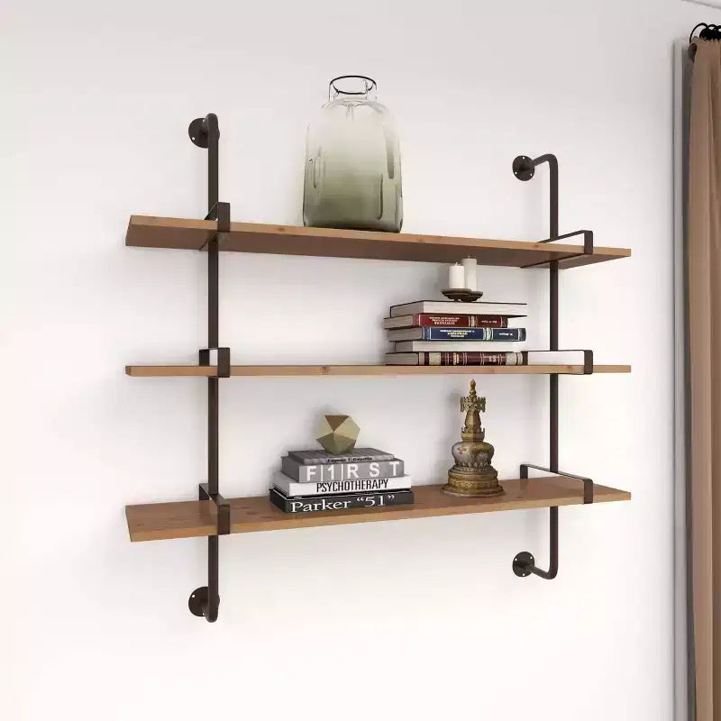 Mensola a muro 38"x38" a 3 livelli in legno con staffe metalliche marroni - Olivia & May: stile industriale, nessun assemblaggio richiesto