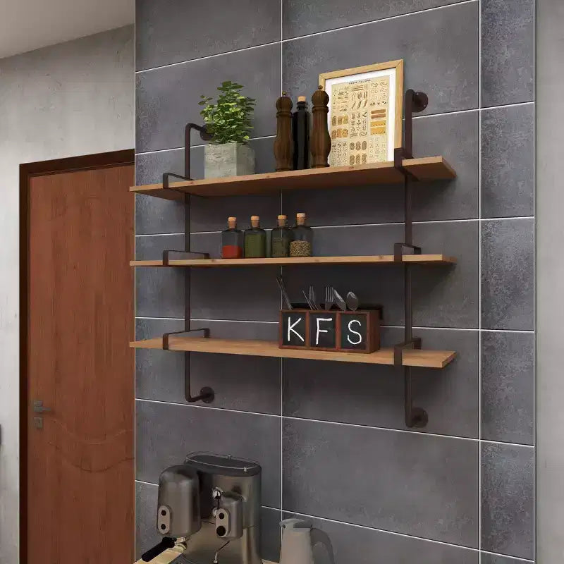Mensola a muro 38"x38" a 3 livelli in legno con staffe metalliche marroni - Olivia & May: stile industriale, nessun assemblaggio richiesto