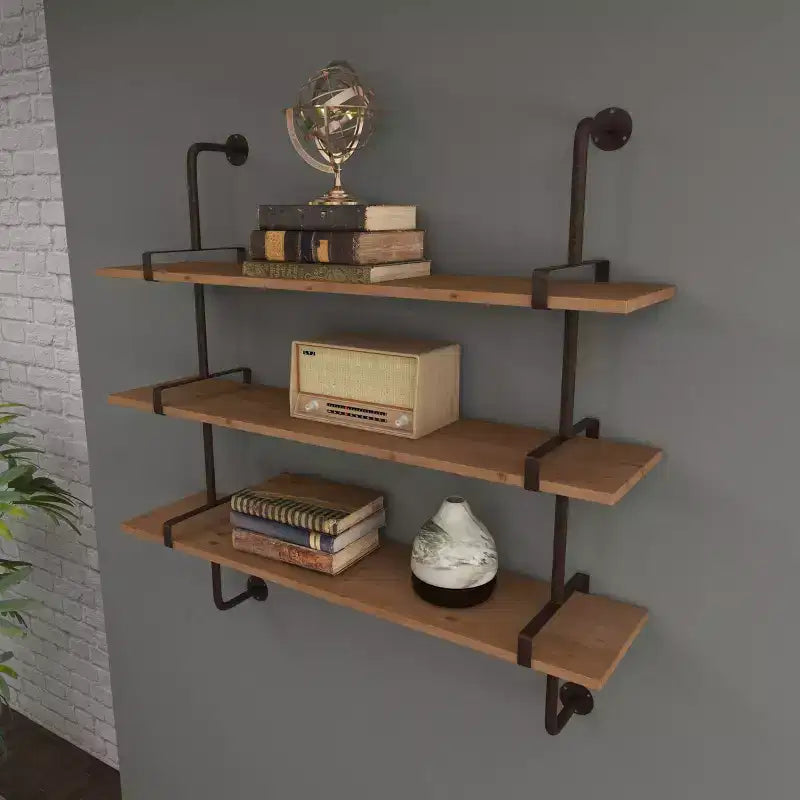 Mensola a muro 38"x38" a 3 livelli in legno con staffe metalliche marroni - Olivia & May: stile industriale, nessun assemblaggio richiesto