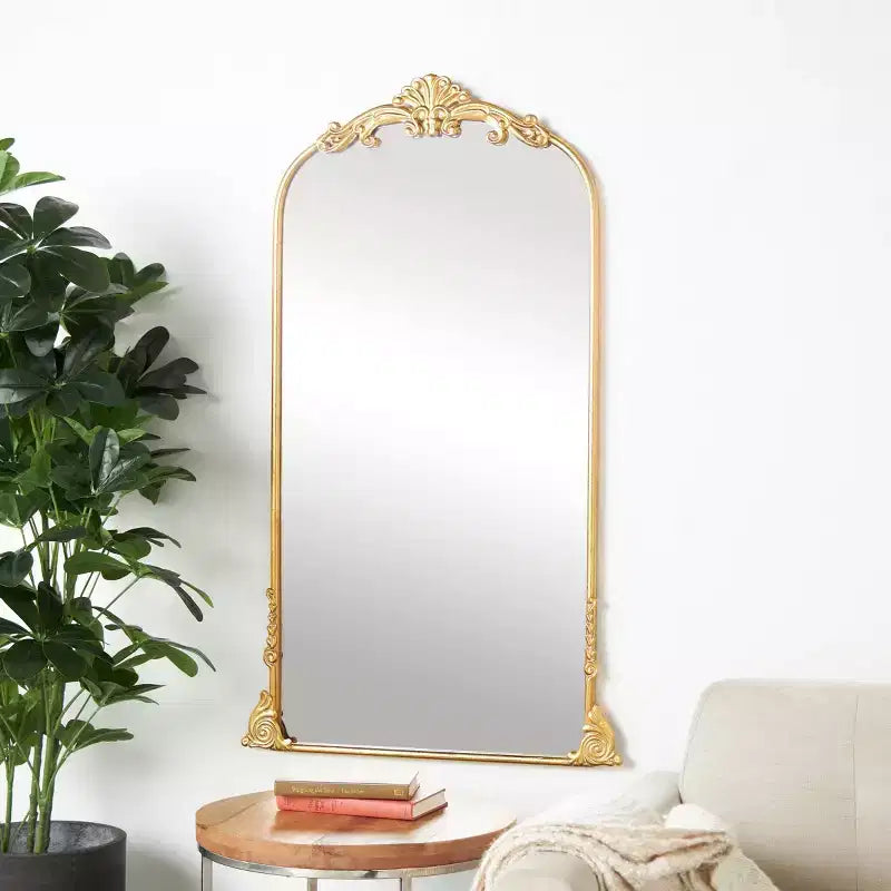 Olivia & May Specchio da Terra Barocco Alto ad Arco in Metallo Dorato 48"x28": Stile Vintage, Attacco a Serratura, Cornice in Legno
