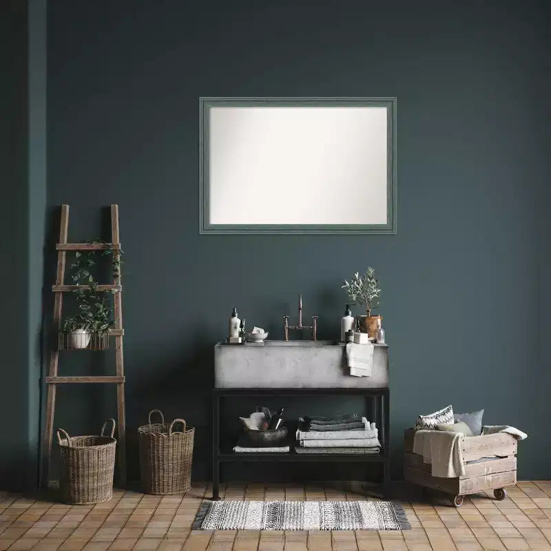 Specchio da parete per bagno in legno riciclato non bisellato da 40"x28" verde acqua/grigio - Amanti Art: rettangolare moderno, montaggio a parete, include l'hardware