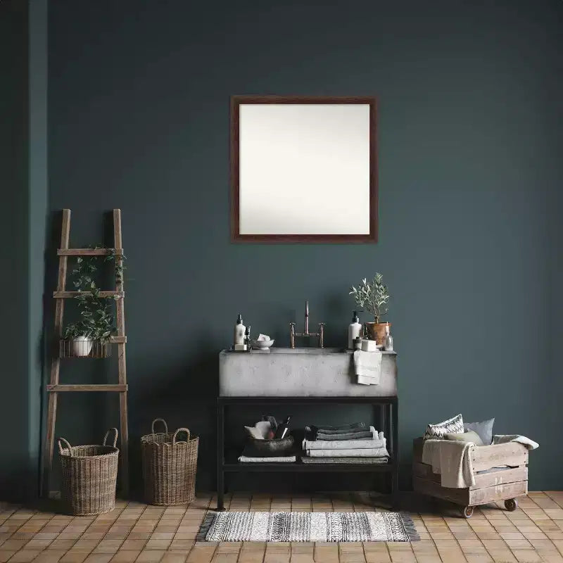 Specchio da parete per bagno in legno, senza smussature, 74x74cm, Noce Caldo - Amanti Art: Quadrato Moderno, Montaggio a parete, Ferramenta inclusa