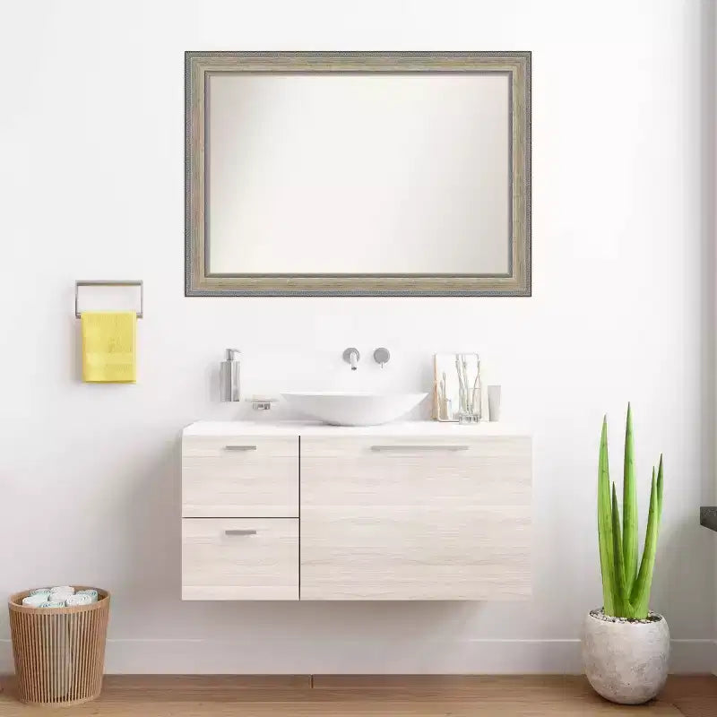 Specchio da parete per bagno in legno non smussato 41"x29" Fleur Silver - Amanti Art: Design moderno rettangolare, montaggio a parete, hardware incluso