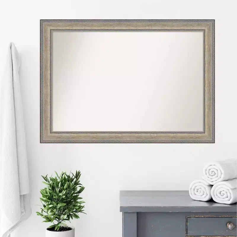 Specchio da parete per bagno in legno non smussato 41"x29" Fleur Silver - Amanti Art: Design moderno rettangolare, montaggio a parete, hardware incluso