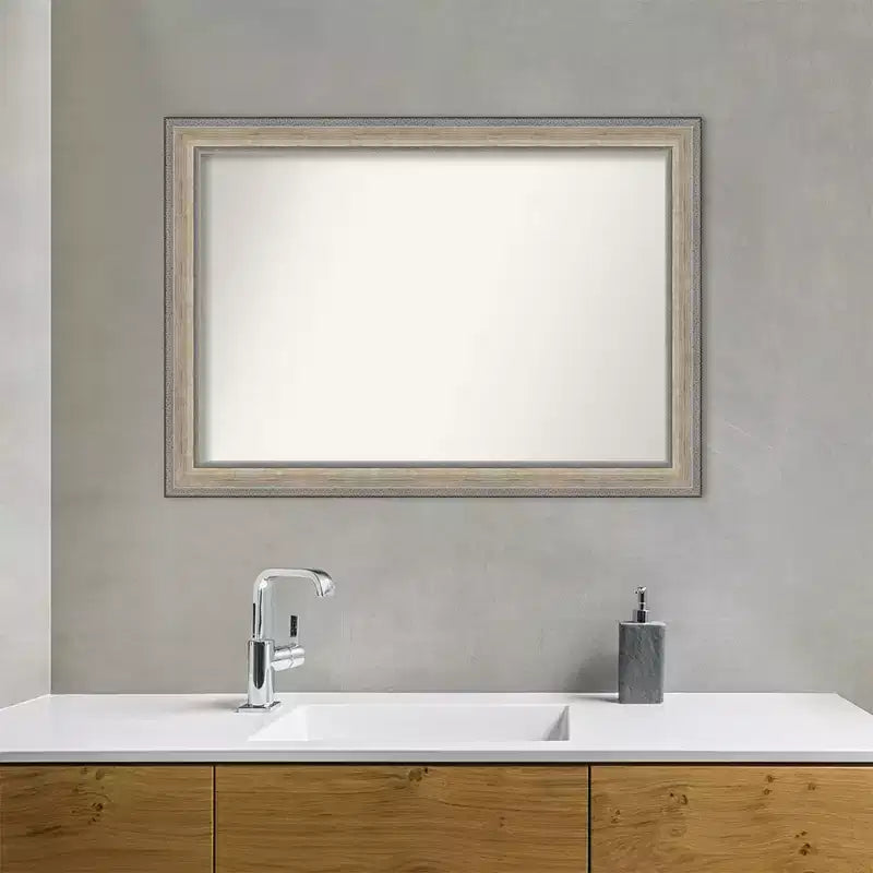 Specchio da parete per bagno in legno non smussato 41"x29" Fleur Silver - Amanti Art: Design moderno rettangolare, montaggio a parete, hardware incluso