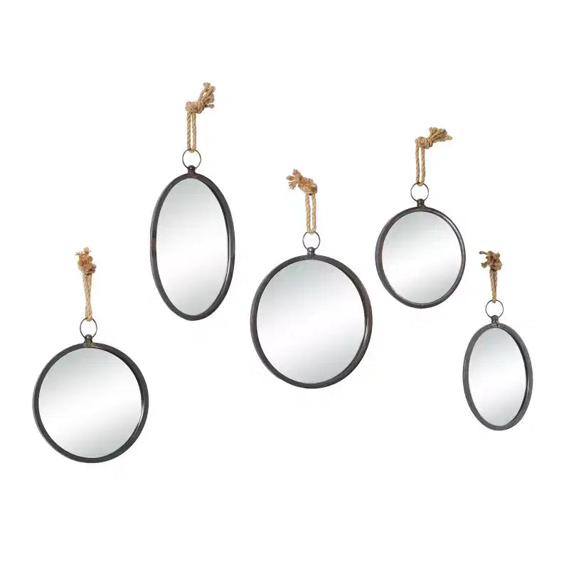 Set di 5 specchi da parete in metallo con corda, colore grigio - Olivia & May