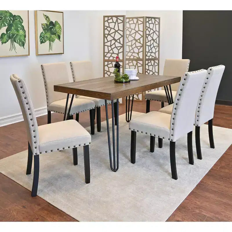 Set da pranzo Amisos da 7 pezzi, tavolo da pranzo Hairpin con 6 sedie, 3 opzioni di colore