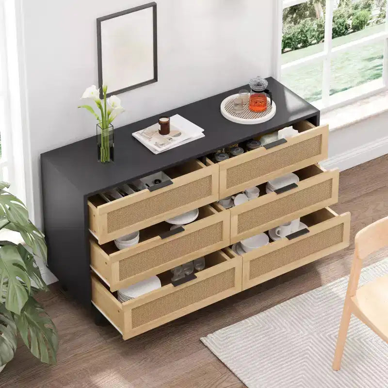 Comodino in Rattan a 6 Cassetti per Camera da Letto, Cassettiera, Comodino per Armadio, Organizzatore di Archiviazione per Ingresso Soggiorno Camera da Letto