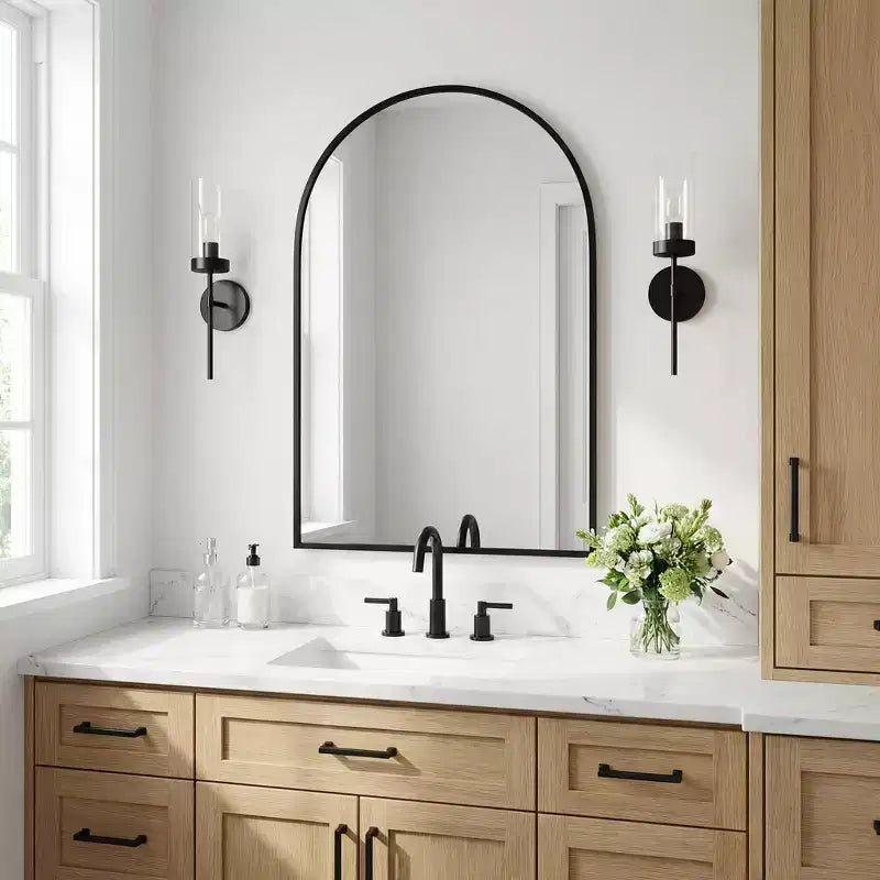Dovelina 36A x 24L Specchio da parete moderno ad arco per bagno, specchio da trucco con cornice in metallo, specchio decorativo reclinabile