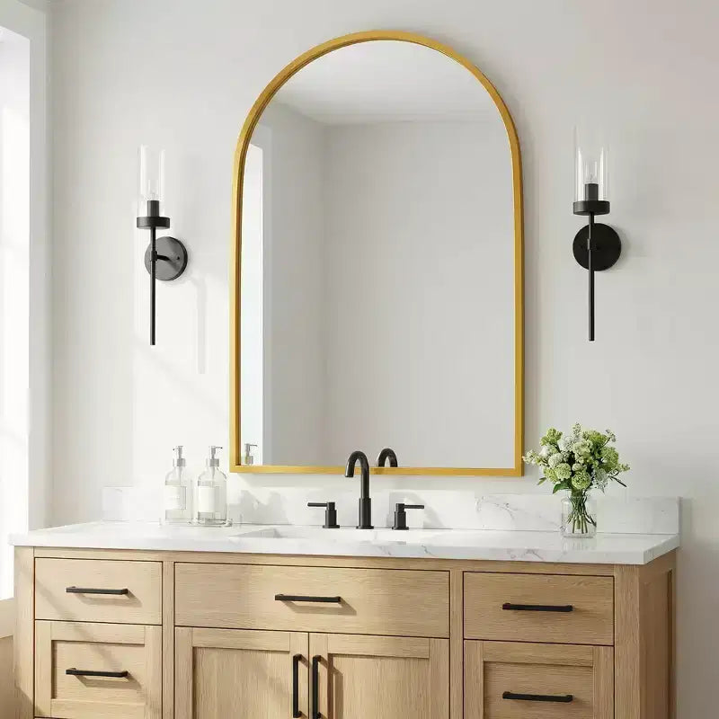 Dovelina 36A x 24L Specchio da parete moderno ad arco per bagno, specchio da trucco con cornice in metallo, specchio decorativo reclinabile