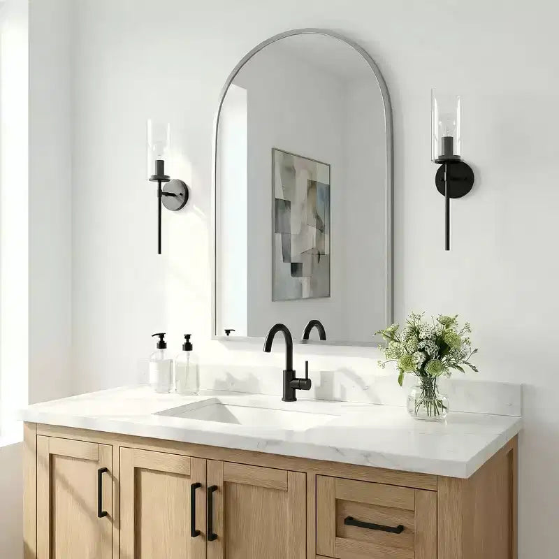 Dovelina 36A x 24L Specchio da parete moderno ad arco per bagno, specchio da trucco con cornice in metallo, specchio decorativo reclinabile