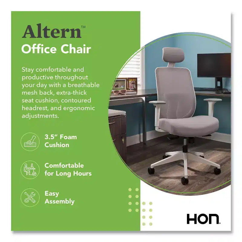 Sedia da lavoro HON Altern con schienale in rete, altezza sedile da 17,95 a 21,1, sedile grigio, schienale grigio/bianco, base bianca