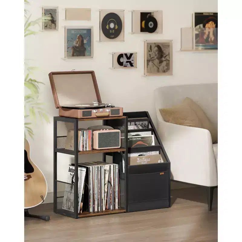 Mobiletto portadischi VASAGLE, tavolino a 3 ripiani, contenitore per dischi in vinile fino a 140 album, tavolino laterale
