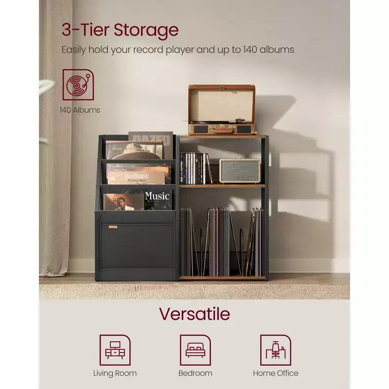 Mobiletto portadischi VASAGLE, tavolino a 3 ripiani, contenitore per dischi in vinile fino a 140 album, tavolino laterale