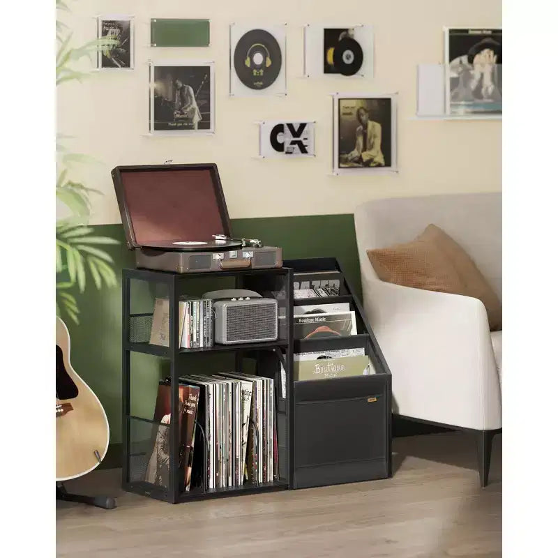 Mobiletto portadischi VASAGLE, tavolino a 3 ripiani, contenitore per dischi in vinile fino a 140 album, tavolino laterale