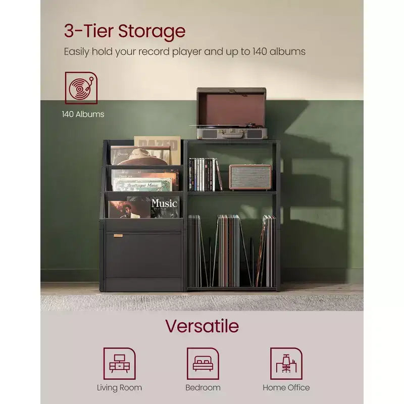 Mobiletto portadischi VASAGLE, tavolino a 3 ripiani, contenitore per dischi in vinile fino a 140 album, tavolino laterale
