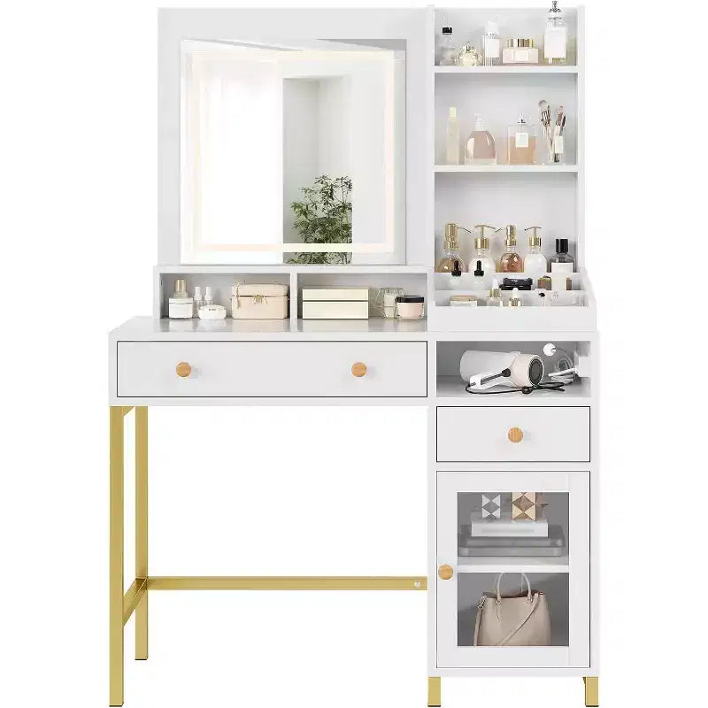 Toeletta con luci a LED a 3 colori, Toeletta con specchio grande e presa di corrente, Tavolo da trucco con 2 cassetti Bianco 55,9A