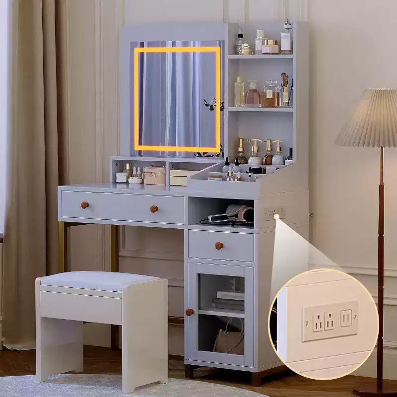 Toeletta con luci a LED a 3 colori, Toeletta con specchio grande e presa di corrente, Tavolo da trucco con 2 cassetti Bianco 55,9A