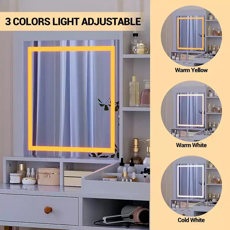 Toeletta con luci a LED a 3 colori, Toeletta con specchio grande e presa di corrente, Tavolo da trucco con 2 cassetti Bianco 55,9A