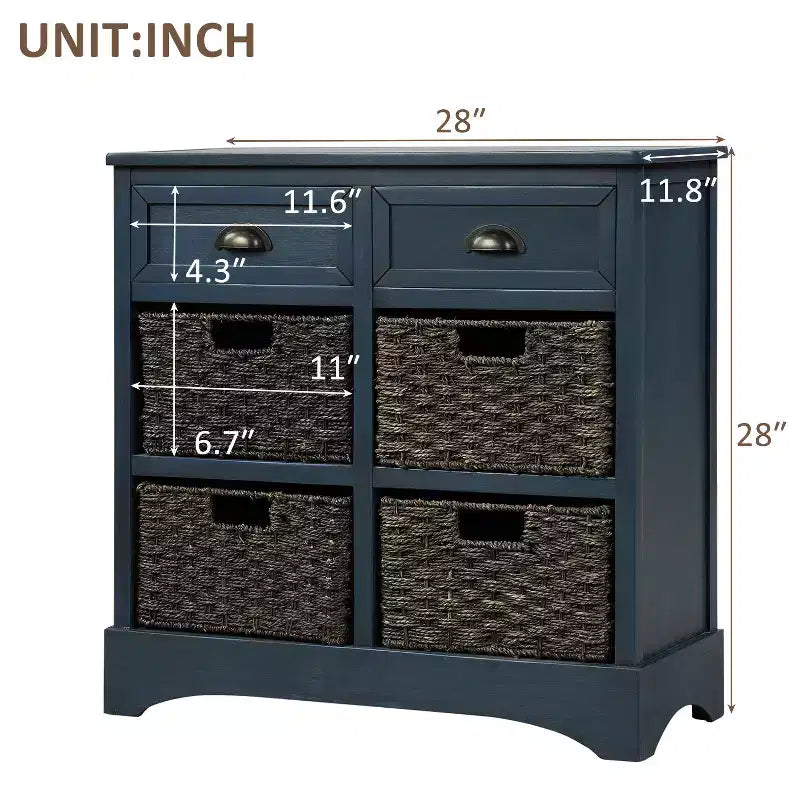Mobiletto rustico Whisen con due cassetti e quattro classici cestini in rattan per sala da pranzo, soggiorno