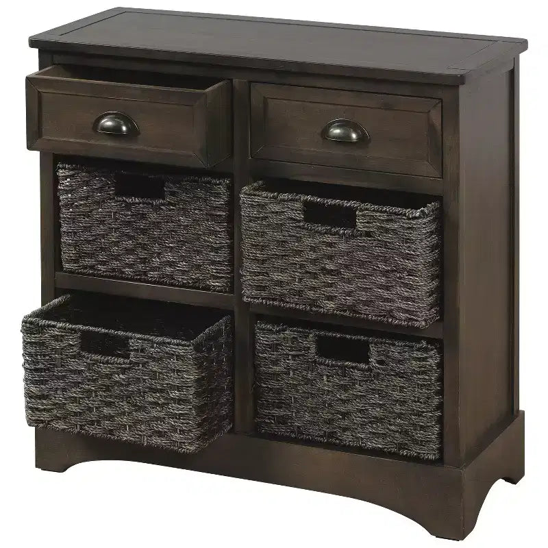 Mobiletto rustico Whisen con due cassetti e quattro classici cestini in rattan per sala da pranzo, soggiorno