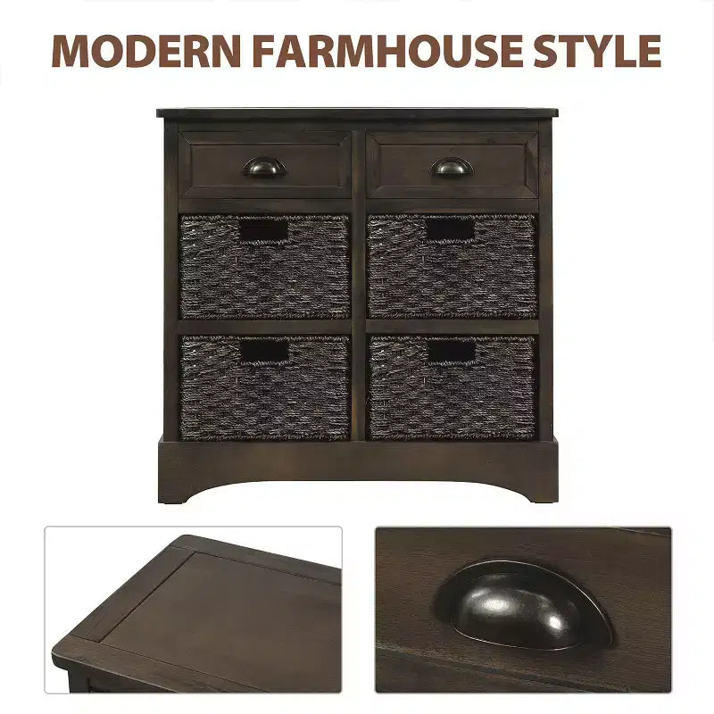Mobiletto rustico Whisen con due cassetti e quattro classici cestini in rattan per sala da pranzo, soggiorno
