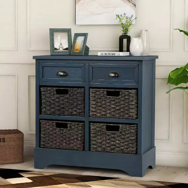 Mobiletto rustico Whisen con due cassetti e quattro classici cestini in rattan per sala da pranzo, soggiorno