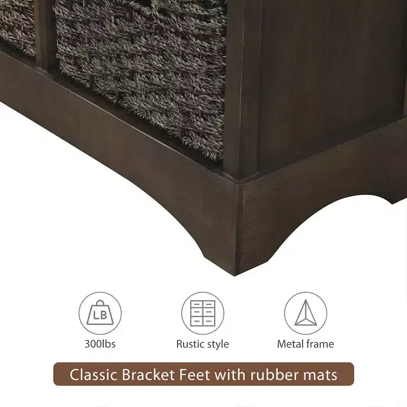Mobiletto rustico Whisen con due cassetti e quattro classici cestini in rattan per sala da pranzo, soggiorno