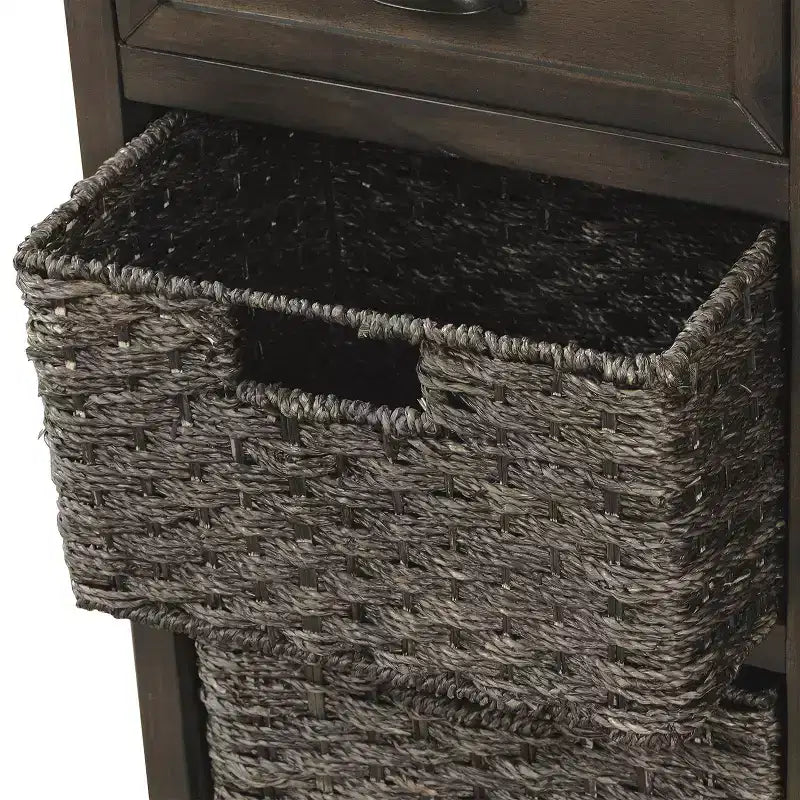Mobiletto rustico Whisen con due cassetti e quattro classici cestini in rattan per sala da pranzo, soggiorno