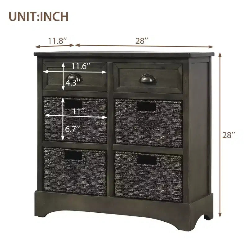 Mobiletto rustico Whisen con due cassetti e quattro classici cestini in rattan per sala da pranzo, soggiorno