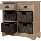 Mobiletto rustico Whisen con due cassetti e quattro classici cestini in rattan per sala da pranzo, soggiorno
