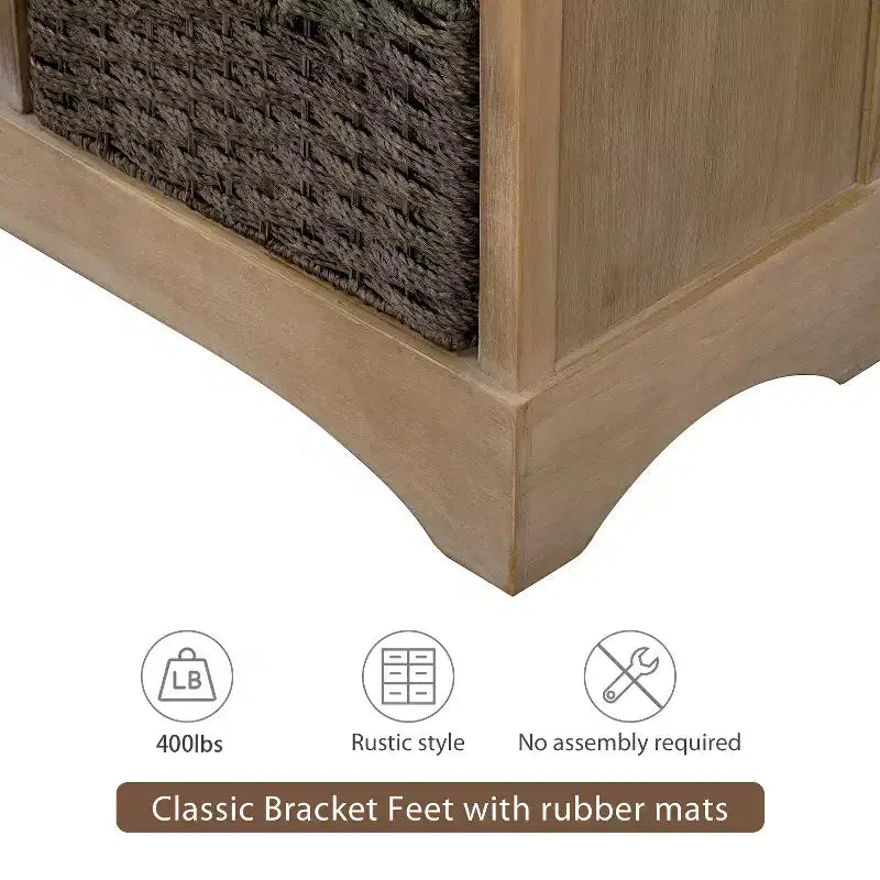 Mobiletto rustico Whisen con due cassetti e quattro classici cestini in rattan per sala da pranzo, soggiorno