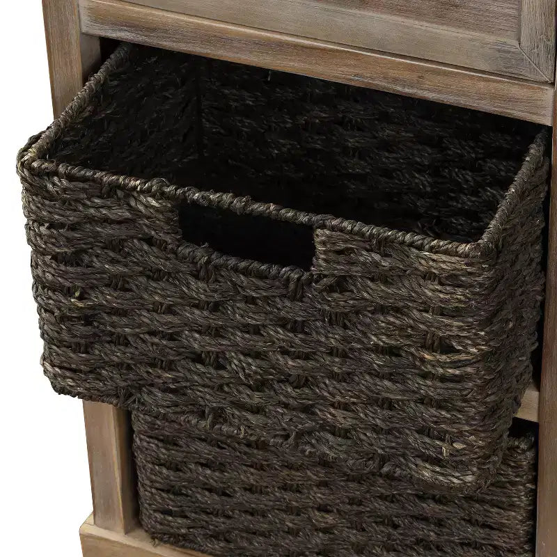 Mobiletto rustico Whisen con due cassetti e quattro classici cestini in rattan per sala da pranzo, soggiorno