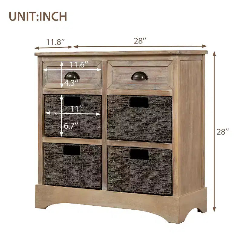 Mobiletto rustico Whisen con due cassetti e quattro classici cestini in rattan per sala da pranzo, soggiorno