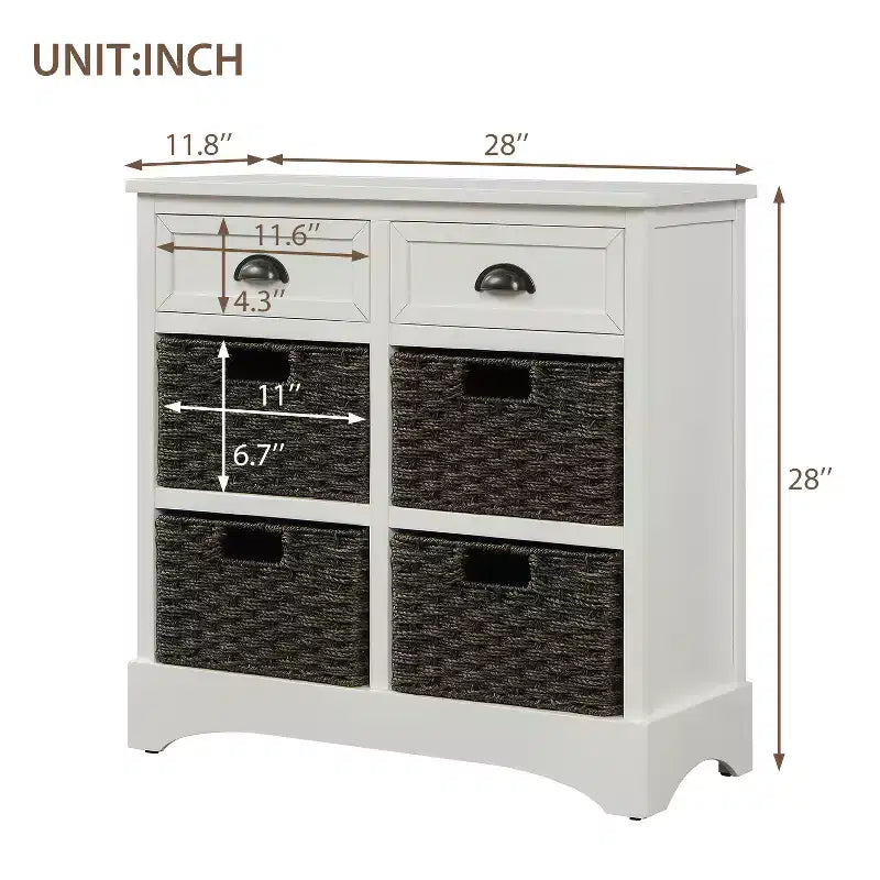 Mobiletto rustico Whisen con due cassetti e quattro classici cestini in rattan per sala da pranzo, soggiorno