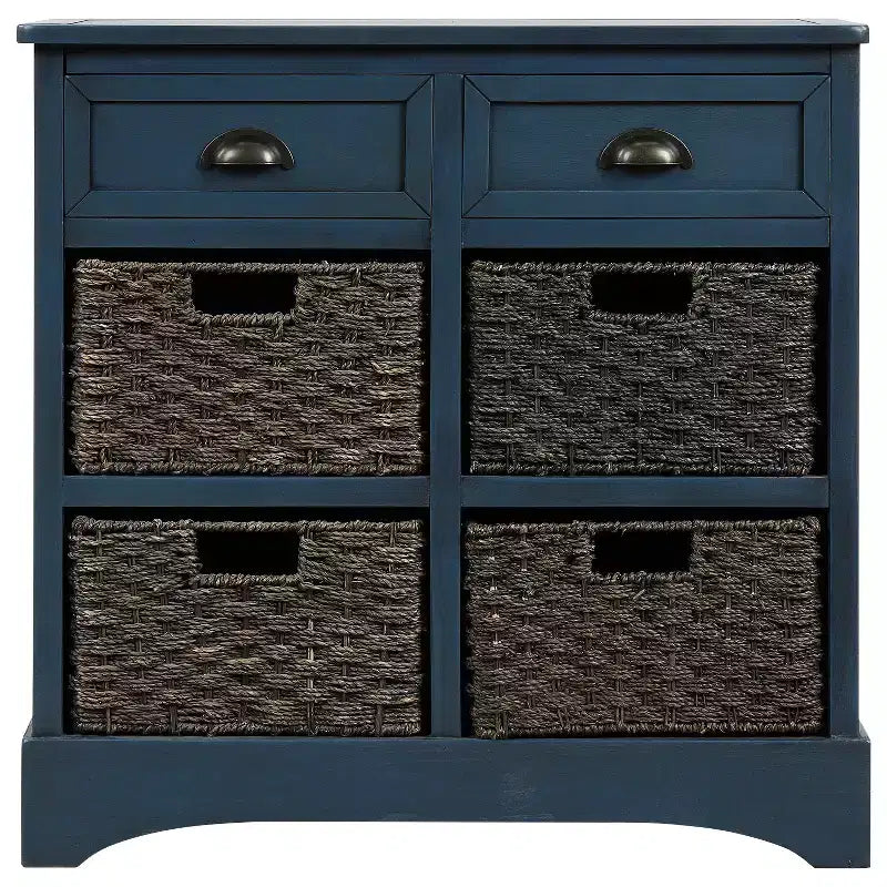 Mobiletto rustico Whisen con due cassetti e quattro classici cestini in rattan per sala da pranzo, soggiorno