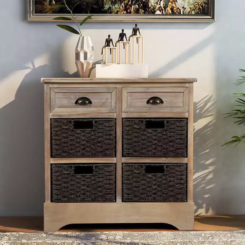 Mobiletto rustico Whisen con due cassetti e quattro classici cestini in rattan per sala da pranzo, soggiorno