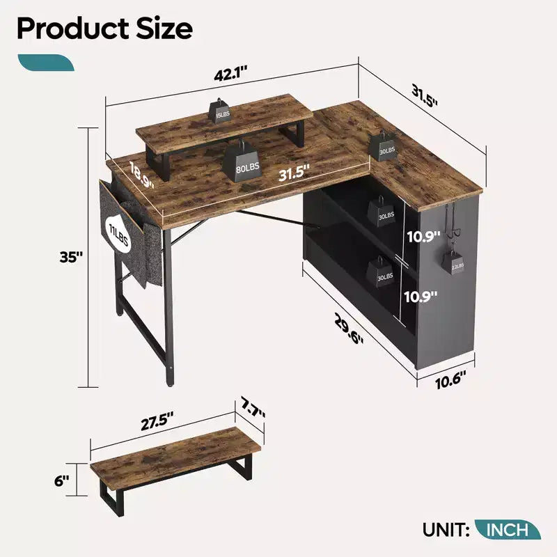 Scrivania per computer a L Bestier da 42" con mensole portaoggetti aperte reversibili, scrivania moderna per ufficio a casa con luce a LED e supporto per monitor