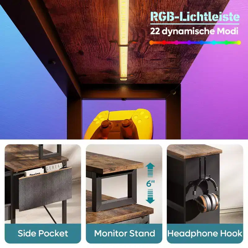 Scrivania per computer a L Bestier da 42" con mensole portaoggetti aperte reversibili, scrivania moderna per ufficio a casa con luce a LED e supporto per monitor