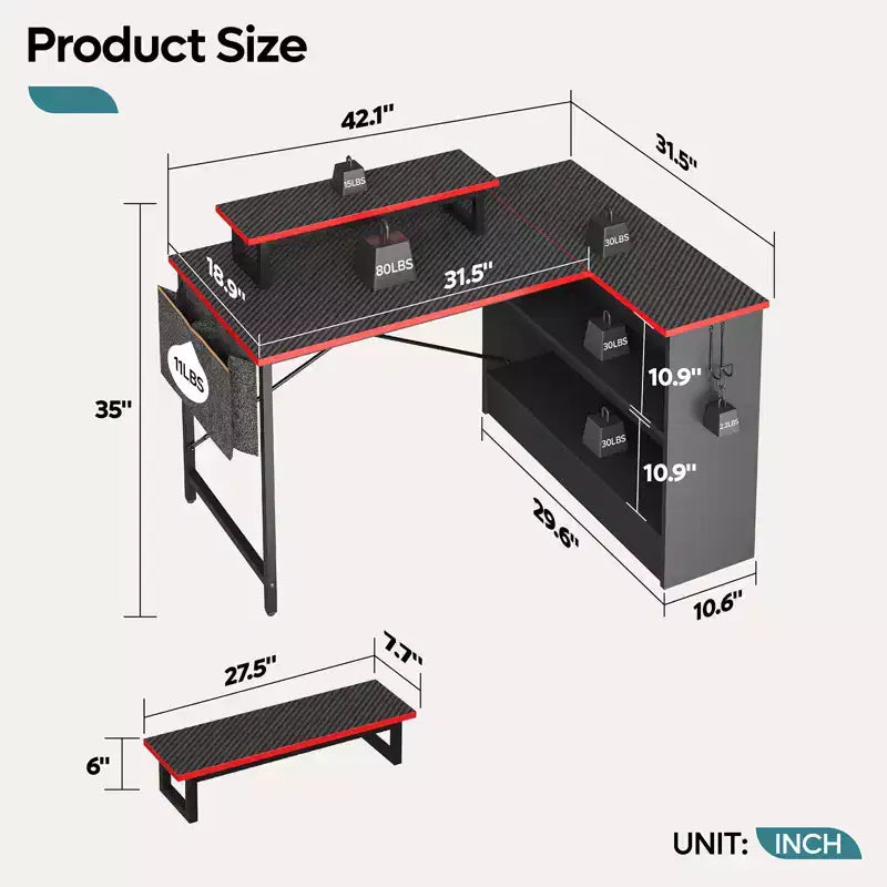 Scrivania per computer a L Bestier da 42" con mensole portaoggetti aperte reversibili, scrivania moderna per ufficio a casa con luce a LED e supporto per monitor