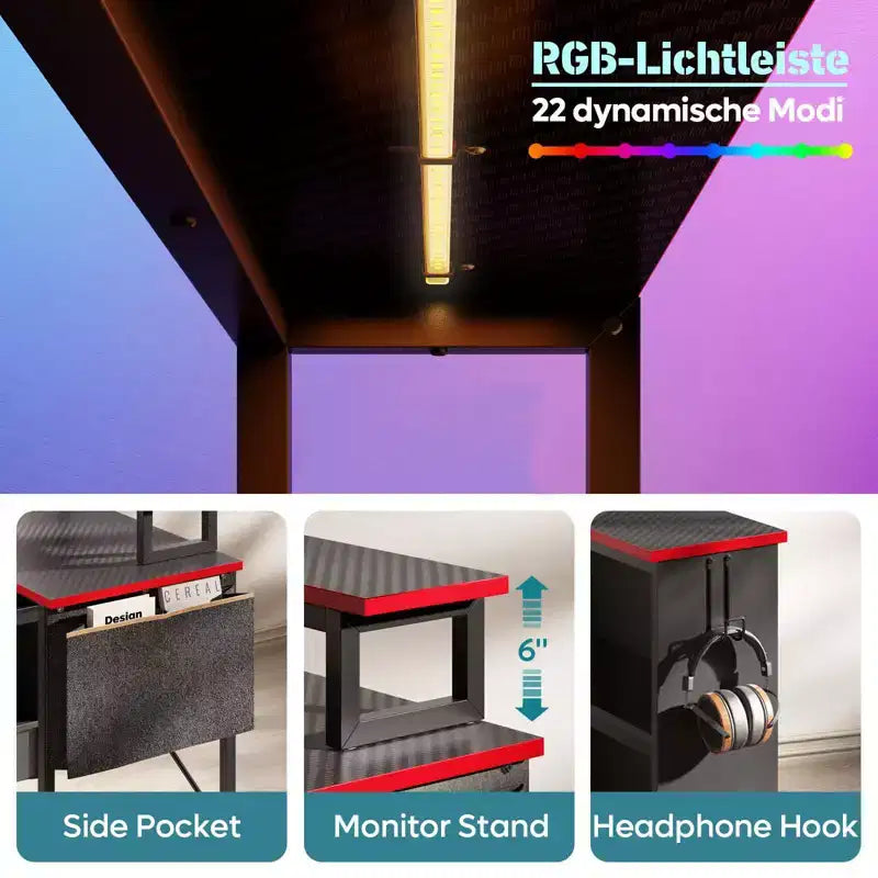 Scrivania per computer a L Bestier da 42" con mensole portaoggetti aperte reversibili, scrivania moderna per ufficio a casa con luce a LED e supporto per monitor