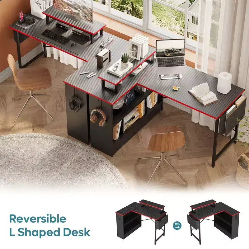 Scrivania per computer a L Bestier da 42" con mensole portaoggetti aperte reversibili, scrivania moderna per ufficio a casa con luce a LED e supporto per monitor