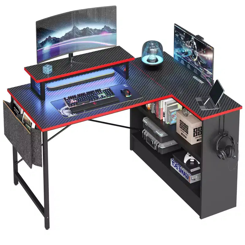 Scrivania per computer a L Bestier da 42" con mensole portaoggetti aperte reversibili, scrivania moderna per ufficio a casa con luce a LED e supporto per monitor